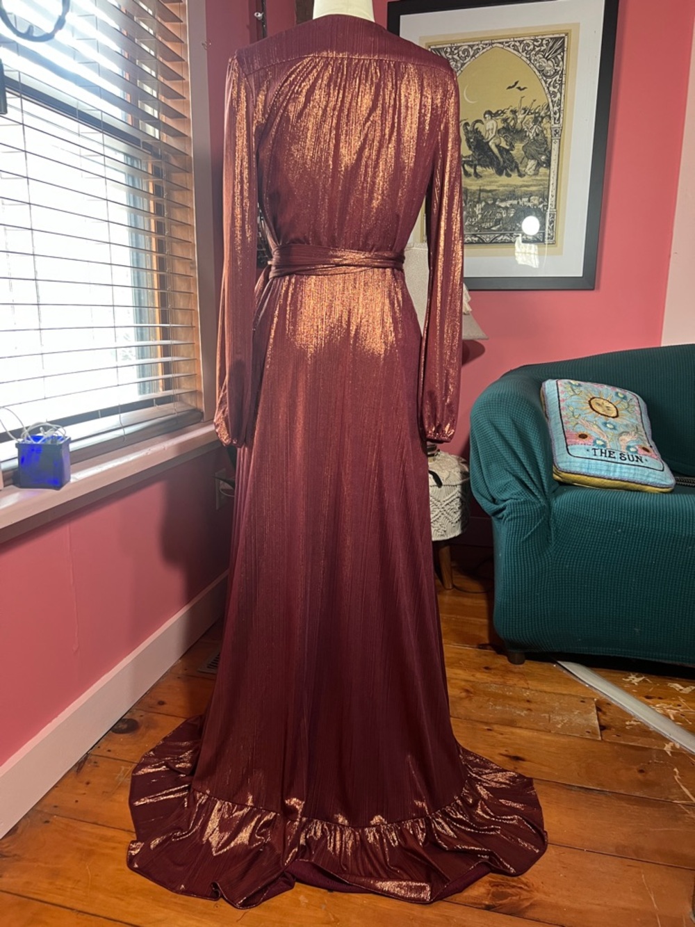 Wayf Metallic Burgundy Maxi Wrap Dress - Picture 2 of 4